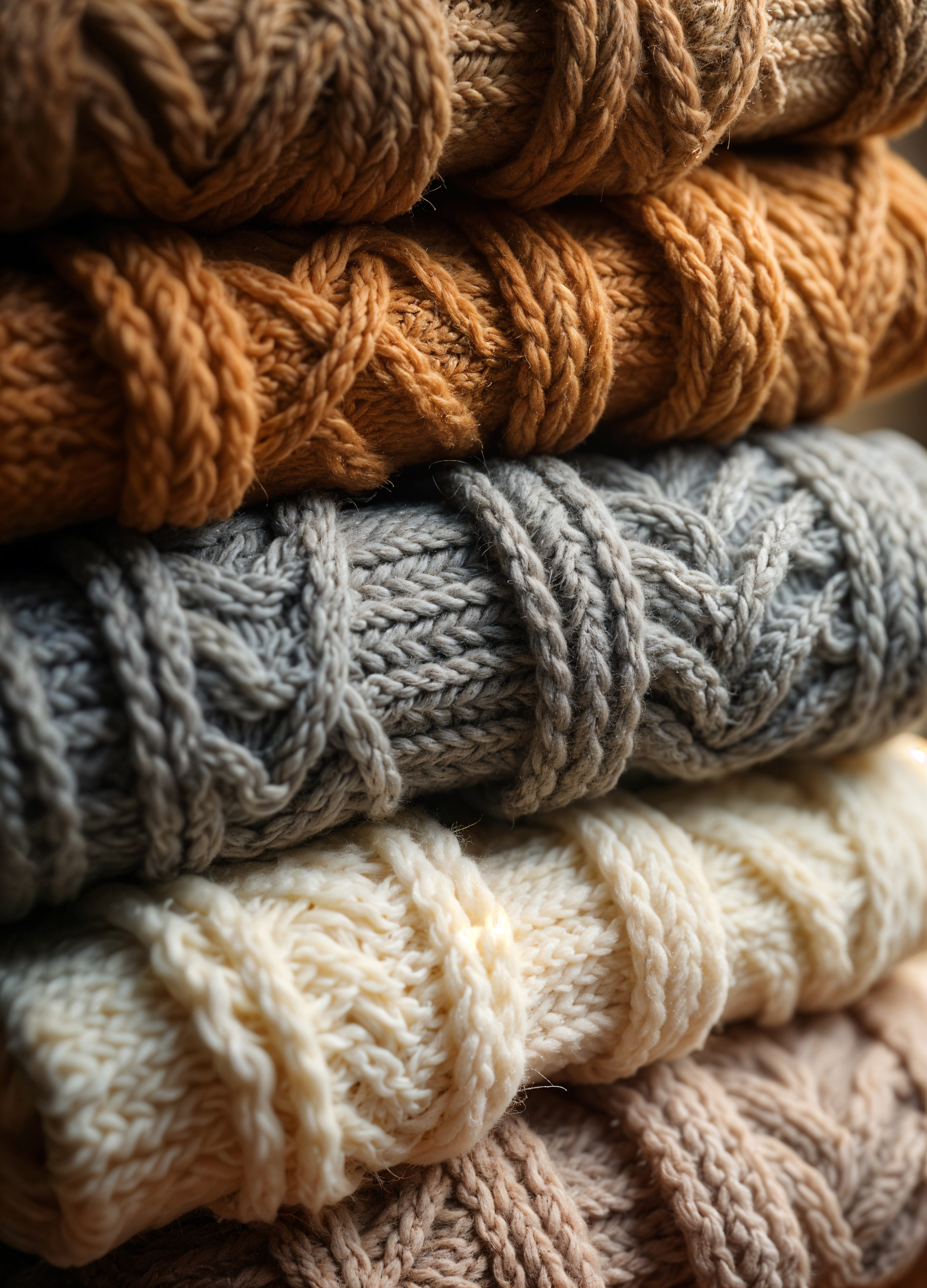 Cozy autumn pile of chunky knit sweaters by VNB Knitting